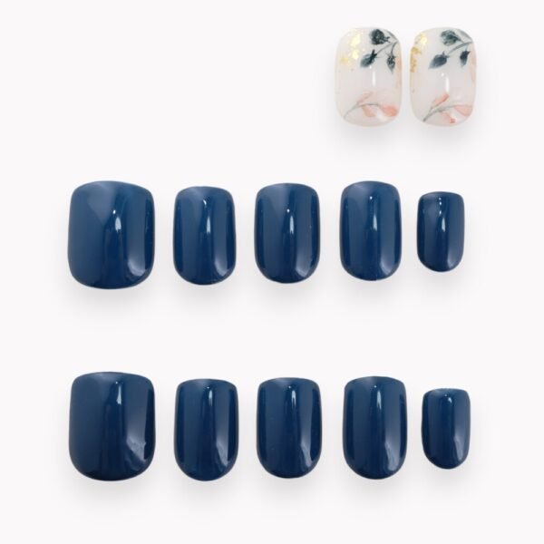 Court Carre Bleu Minuit 10 Ongles 2 Ongles Fleurs Peintures Aquarelle 01