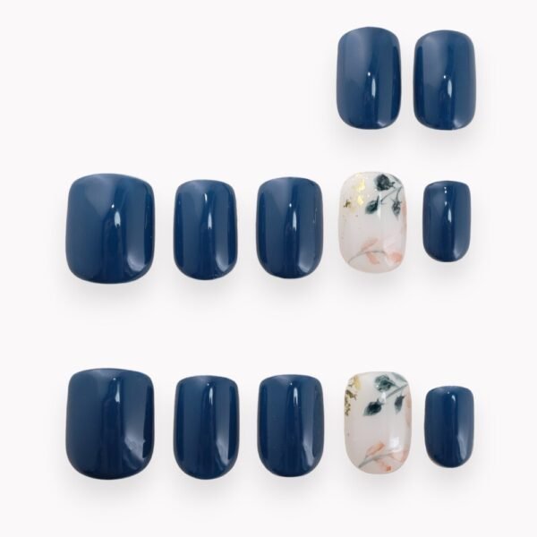 Court Carre Bleu Minuit 10 Ongles 2 Ongles Fleurs Peintures Aquarelle