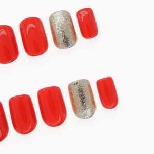 Court Rouge 10 Ongles 2 Ongles Paillettes Dor 02