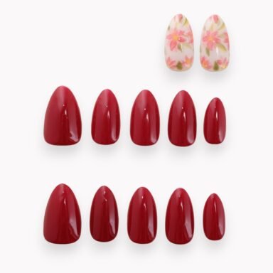 Court amande Rouge Cerise 10 Ongles 2 Ongles Fleurs01