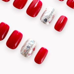 court ballerines 10 ongles 2 ongles rouge coquelicot paillettes argent 02